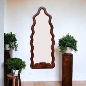 Luxury Wavy Wooden Full Length Mirror – Handcrafted Solid Wood Frame, Modern Irregular Wall Mirror for Living Room, Bedroom & Hallway Decor