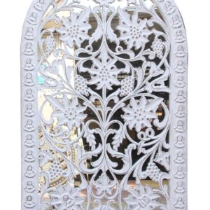 Luxury 60″x36″ Arched Wall Decor with Mirror – Handcrafted White Wooden Frame, Ornate Floral & Vine Carved Design Accent for Living Room, Bedroom & Entryway