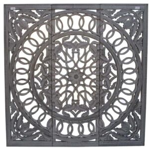 Luxury 48″ Square Wall Decor with Mirror – Handcrafted Black Wooden Frame, Ornate Carved Floral & Geometric Design Accent for Living Room, Bedroom & Entryway