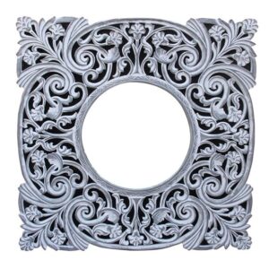 Elegant Handcrafted Wooden Wall Mirror – Ornate Square Floral Carved Frame with Round Mirror, Decorative Wall Art for Living Room, Bedroom & Entryway