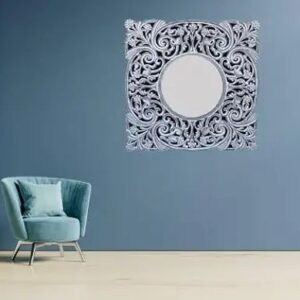 Elegant Handcrafted Wooden Wall Mirror – Ornate Square Floral Carved Frame with Round Mirror, Decorative Wall Art for Living Room, Bedroom & Entryway