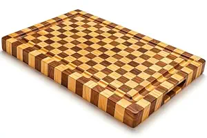 End Grain Wooden Cutting Board, Checkered Pattern, Two-Tone Hardwood Kitchen Chopping Block (L)