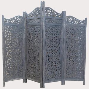 Wooden Handicraft Screen 4 Panel Mirror | Room Divider | Hallway | Living Room Paratitions | Partitions | Grey Antique (Size – 80×72 Inch)