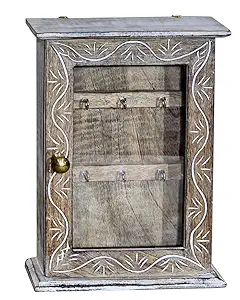 Rustic Wooden Key Holder for Wall, Decorative Carved Design, 8 Hooks, White-Washed Finish